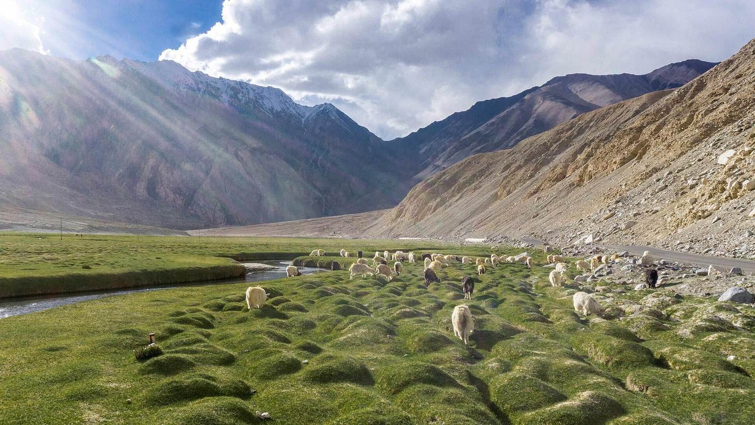 A road running through the mountains of the Nubra valley, Ladakh